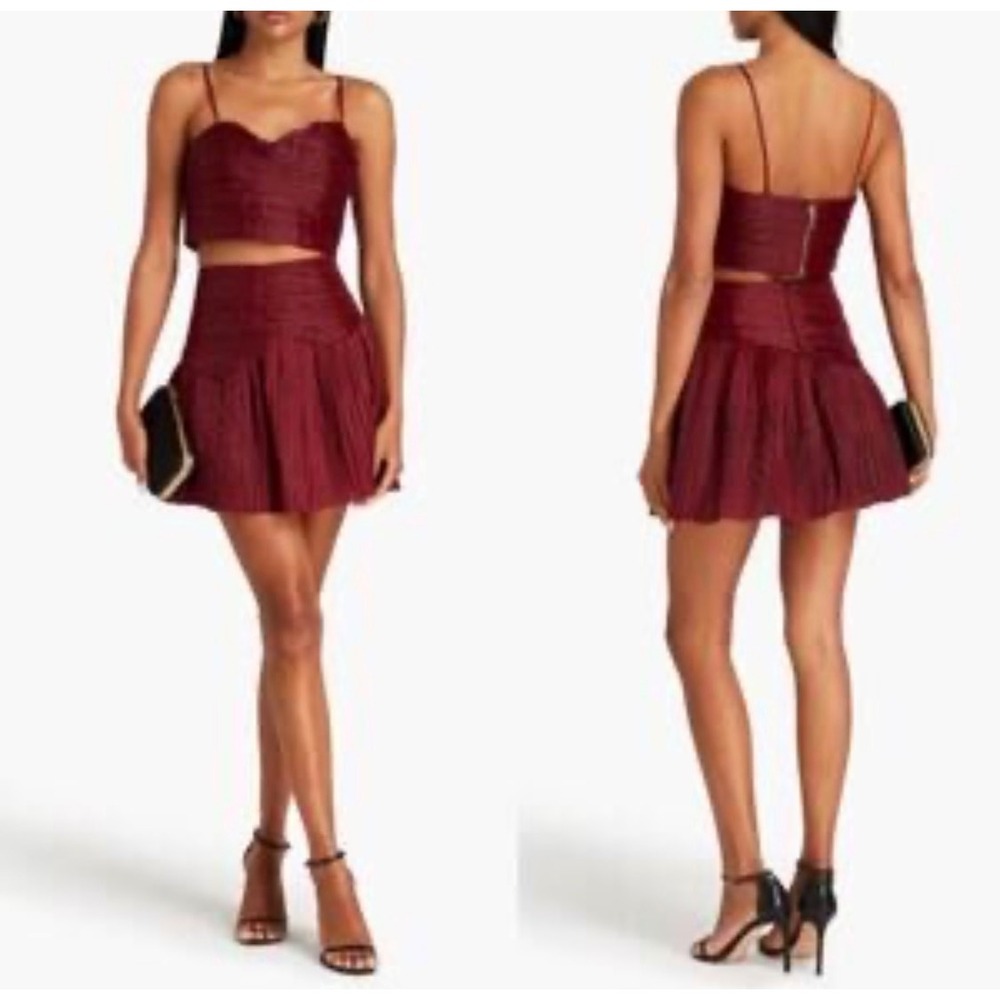 Aje. Womens Burgundy Pleated Crop Top Mini Skirt Set Cocktail Party New Size 6